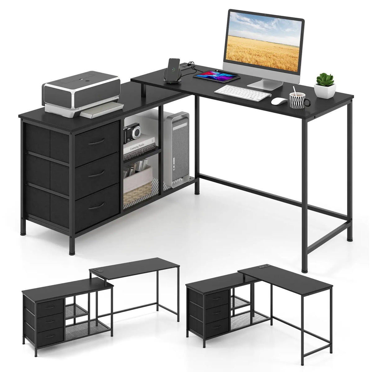 L-shaped Computer Desk with Power Outlet for Working Studying Gaming, photo 3 of 10