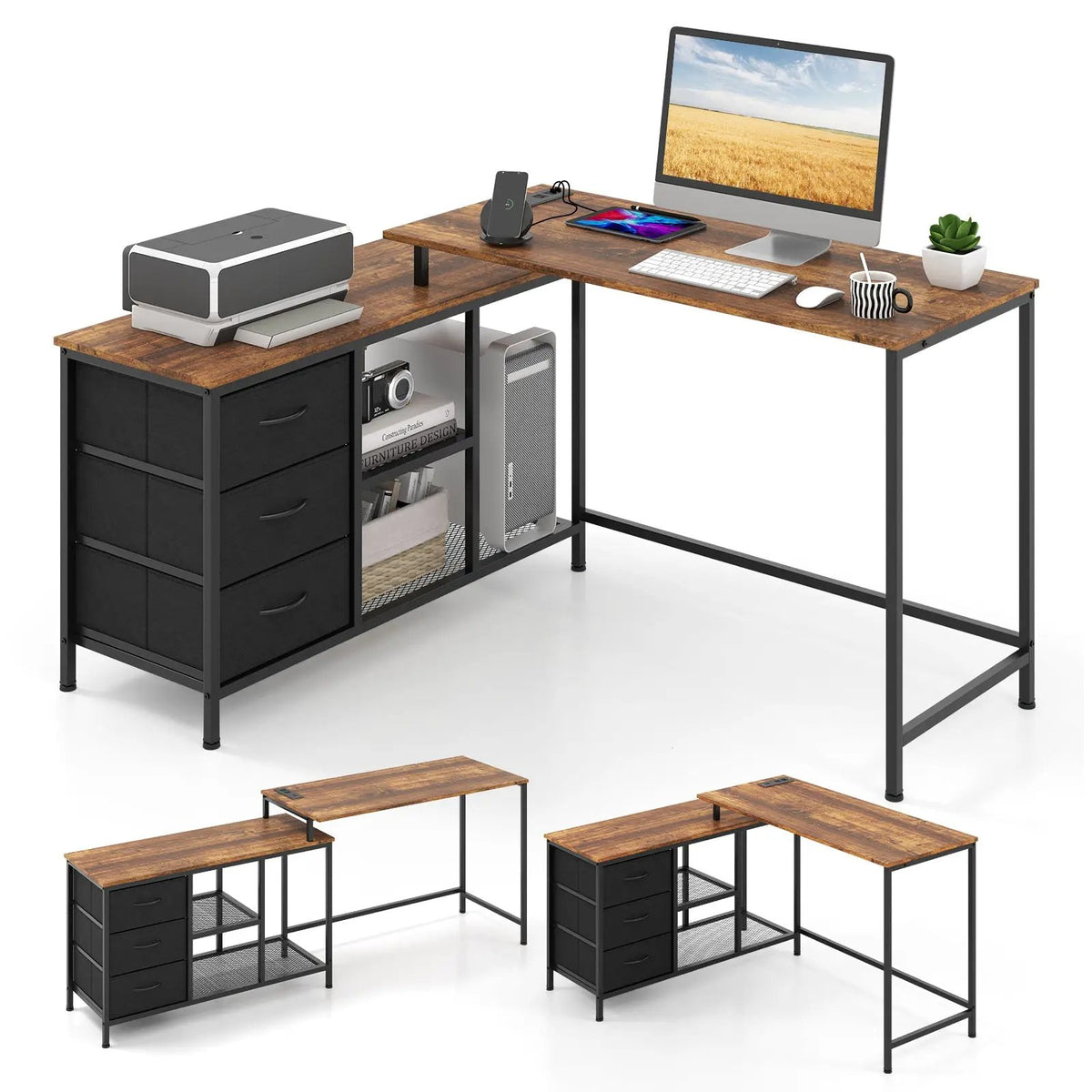 L-shaped Computer Desk with Power Outlet for Working Studying Gaming, photo 9 of 10