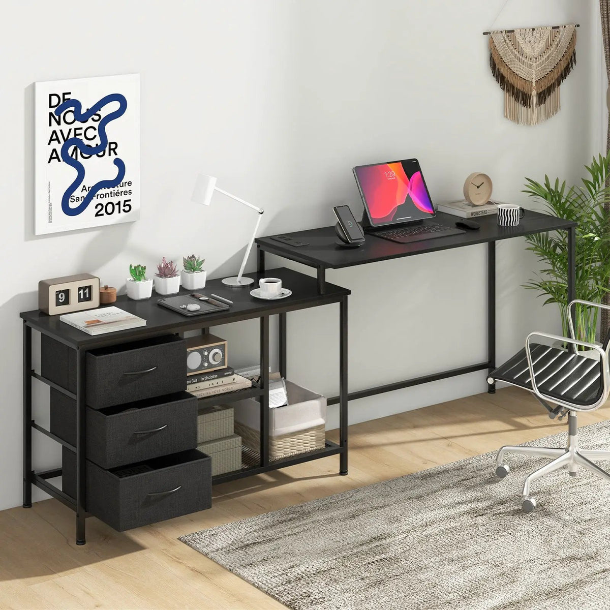 L-shaped Computer Desk with Power Outlet for Working Studying Gaming, photo 5 of 10