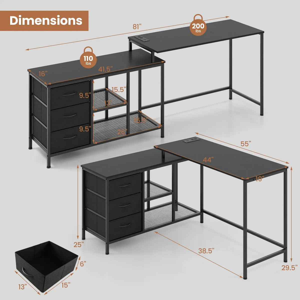 L-shaped Computer Desk with Power Outlet for Working Studying Gaming, photo 4 of 10