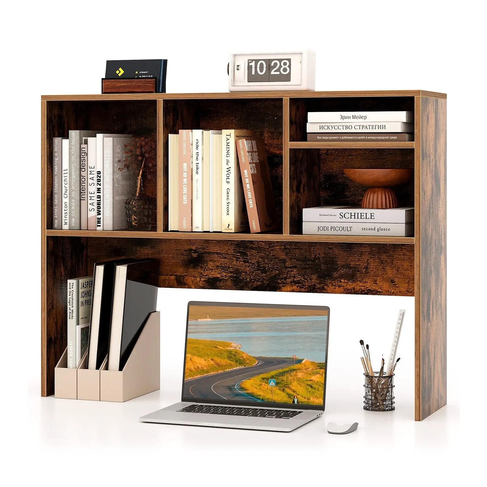 Computer Desktop Bookcase with 4 Cubbies and Open Back Compartment by DirectDeals