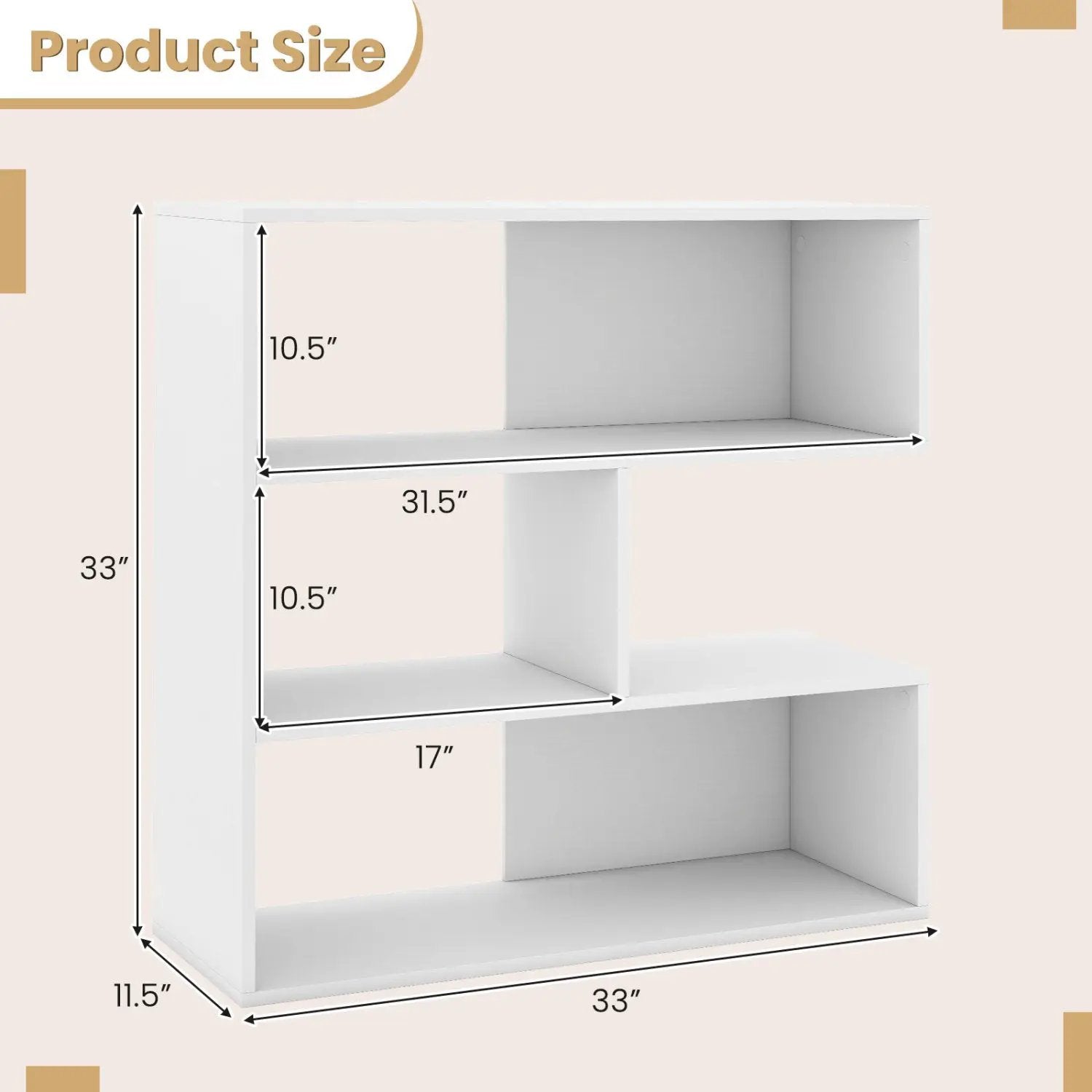 Concave Bookshelf with 3 Open Shelves and Anti-Tip Device by DirectDeals