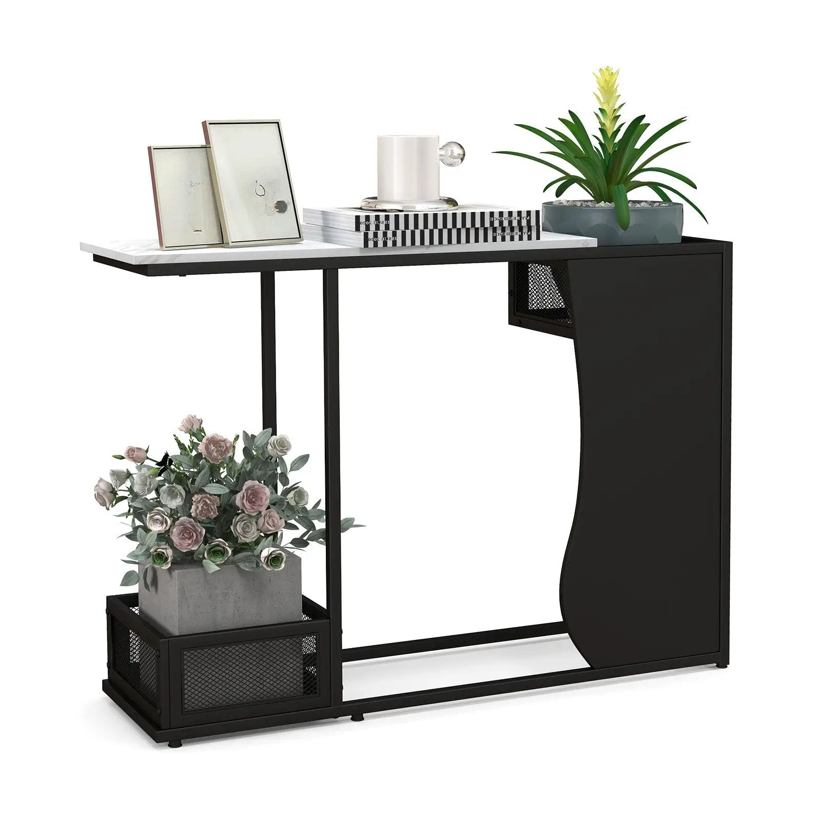 43.5 Inch Console Table with Plant Position and Faux Marble Top-Black by DirectDeals