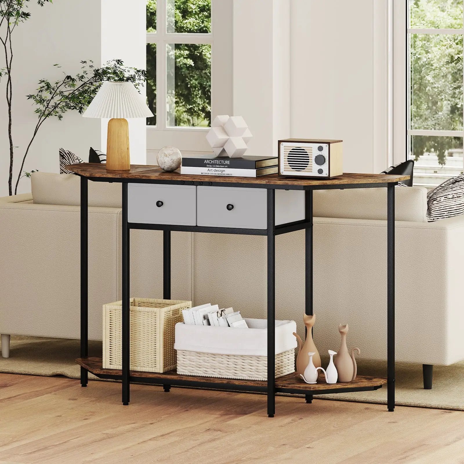 Console Table with 2 Drawers and Open Storage Shelf-Rustic Brown by DirectDeals