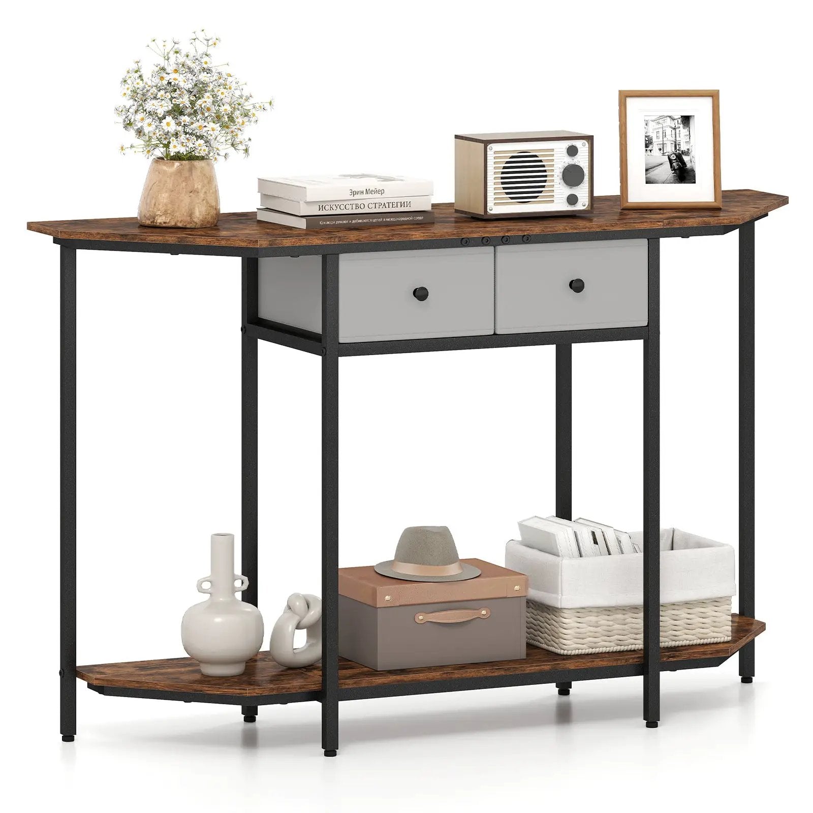 Console Table with 2 Drawers and Open Storage Shelf-Rustic Brown by DirectDeals