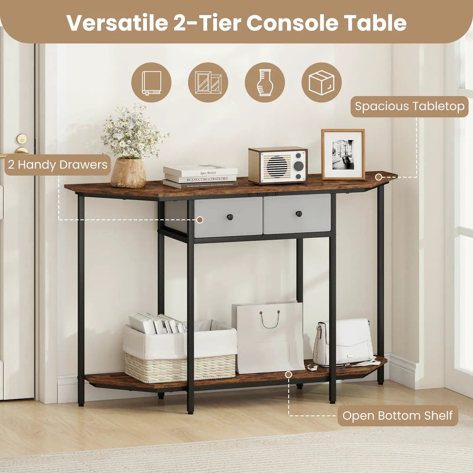 Console Table with 2 Drawers and Open Storage Shelf-Rustic Brown by DirectDeals