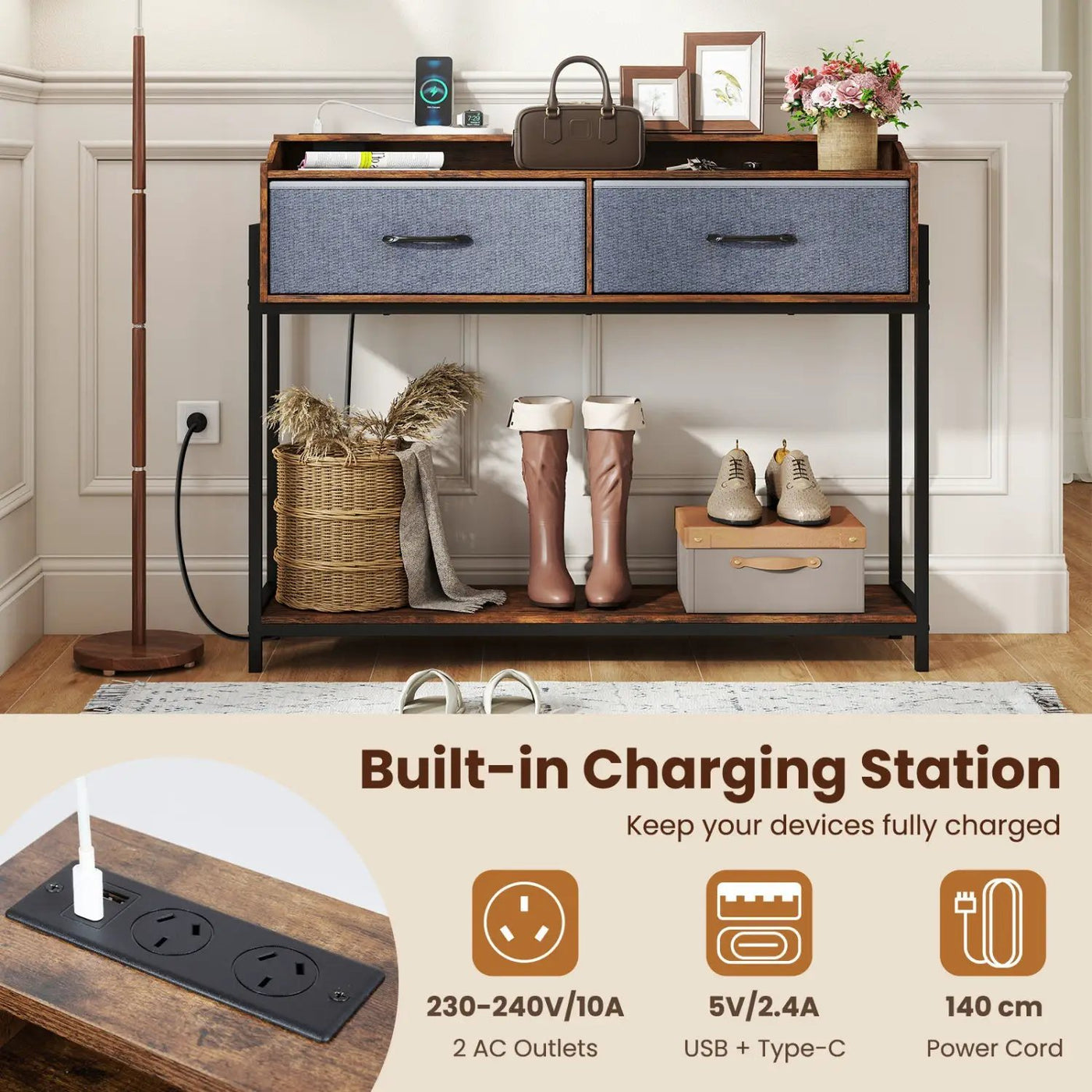 Console Table with Charging Station & 2 Drawers 110cm by DirectDeals