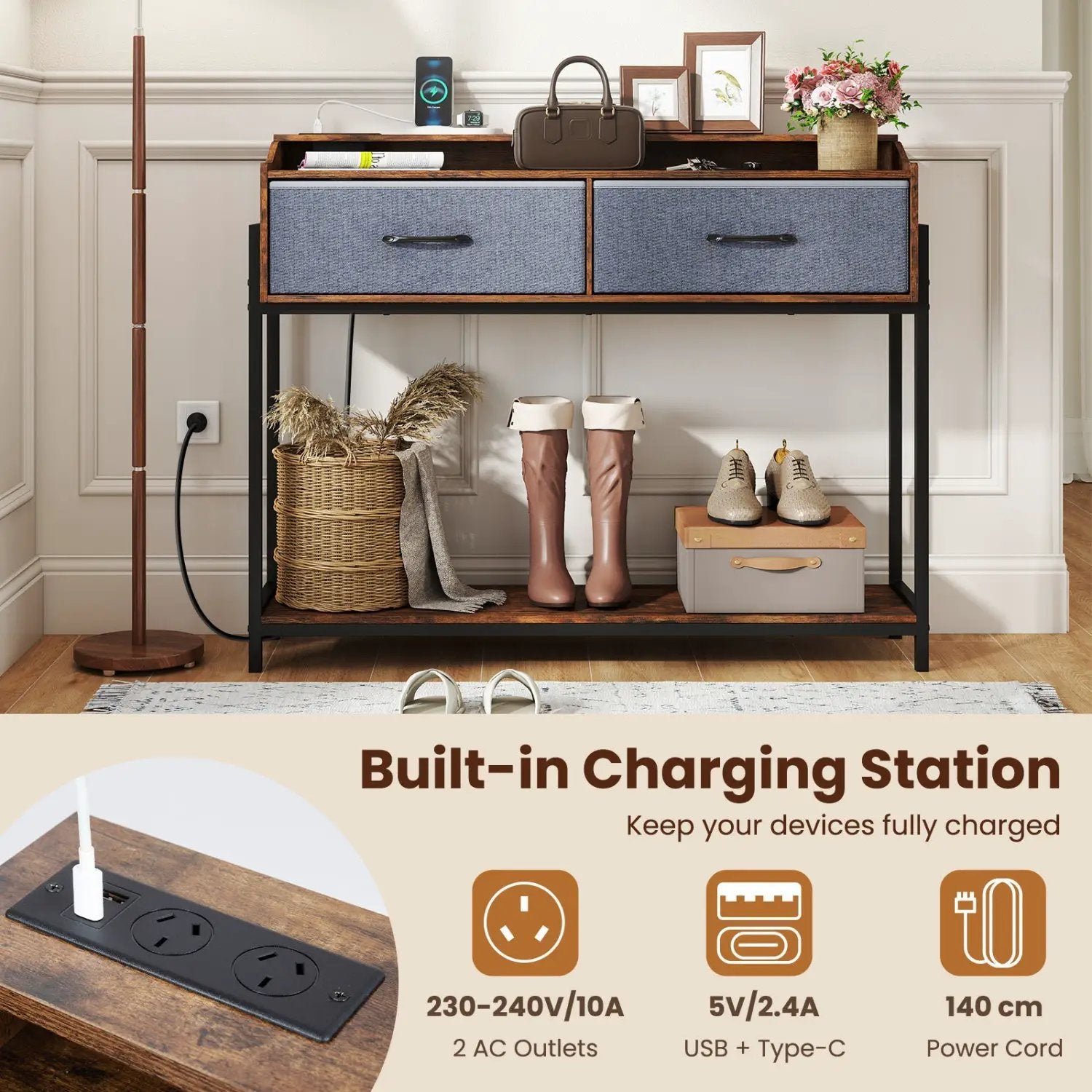 Console Table with Charging Station & 2 Drawers 110cm by DirectDeals