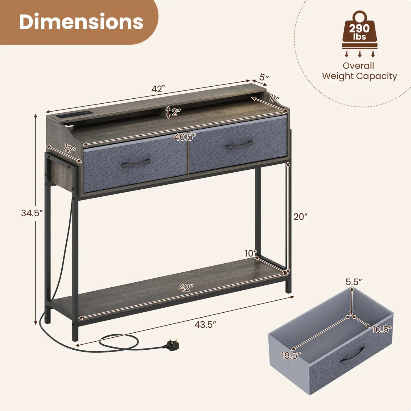 Console Table with Charging Station & 2 Drawers 110cm by DirectDeals