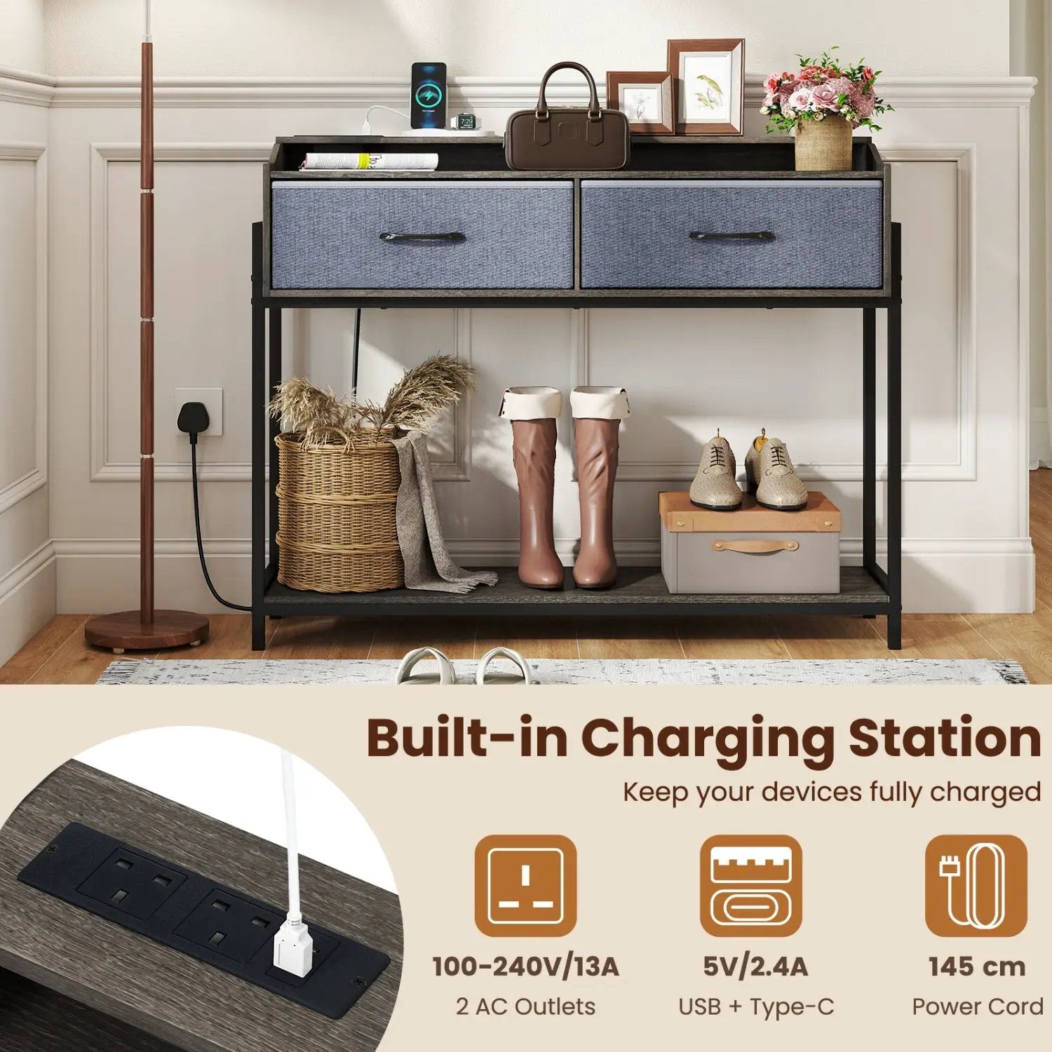 Console Table with Charging Station & 2 Drawers 110cm by DirectDeals
