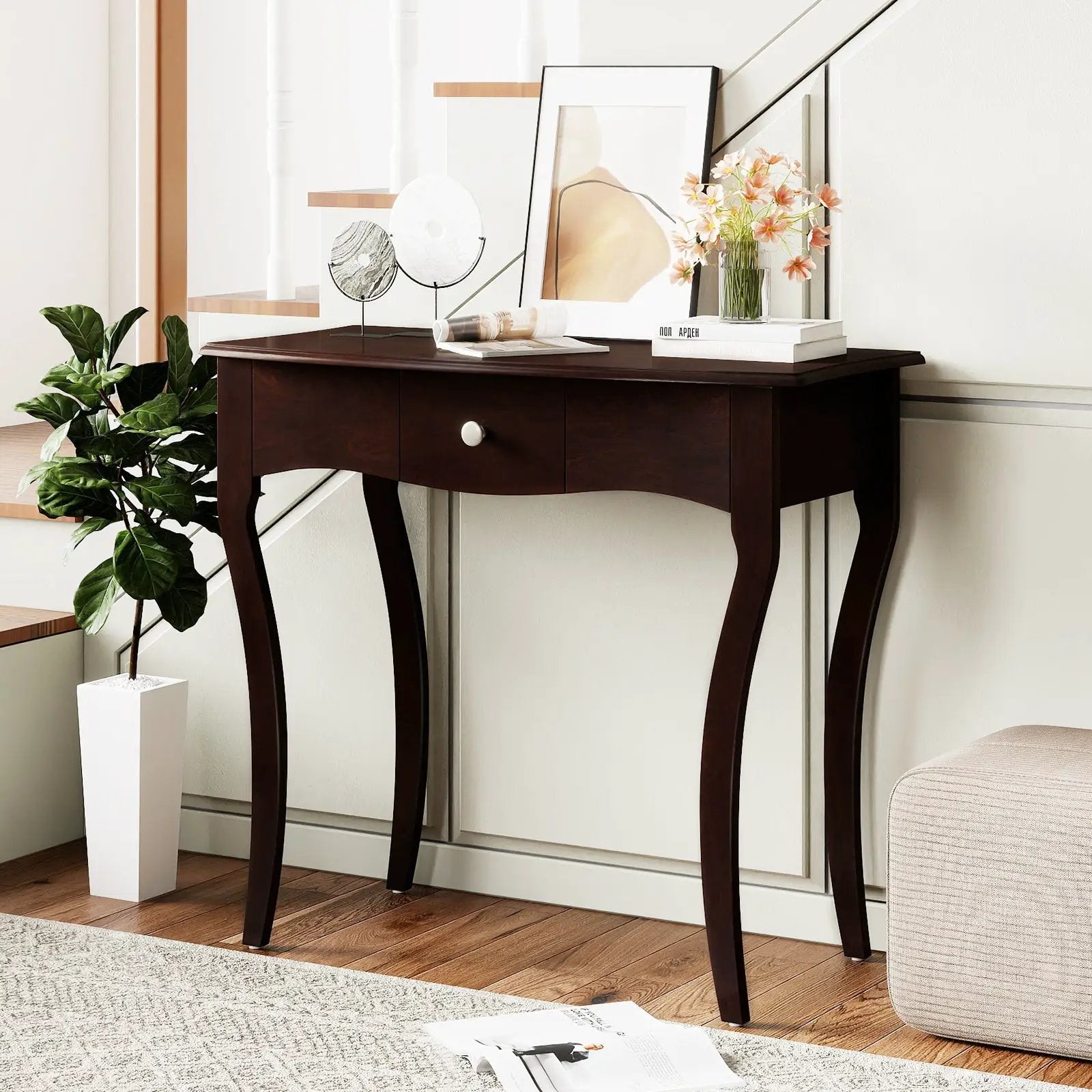Console Table with Drawer and Solid Wood Frame-Espresso by DirectDeals