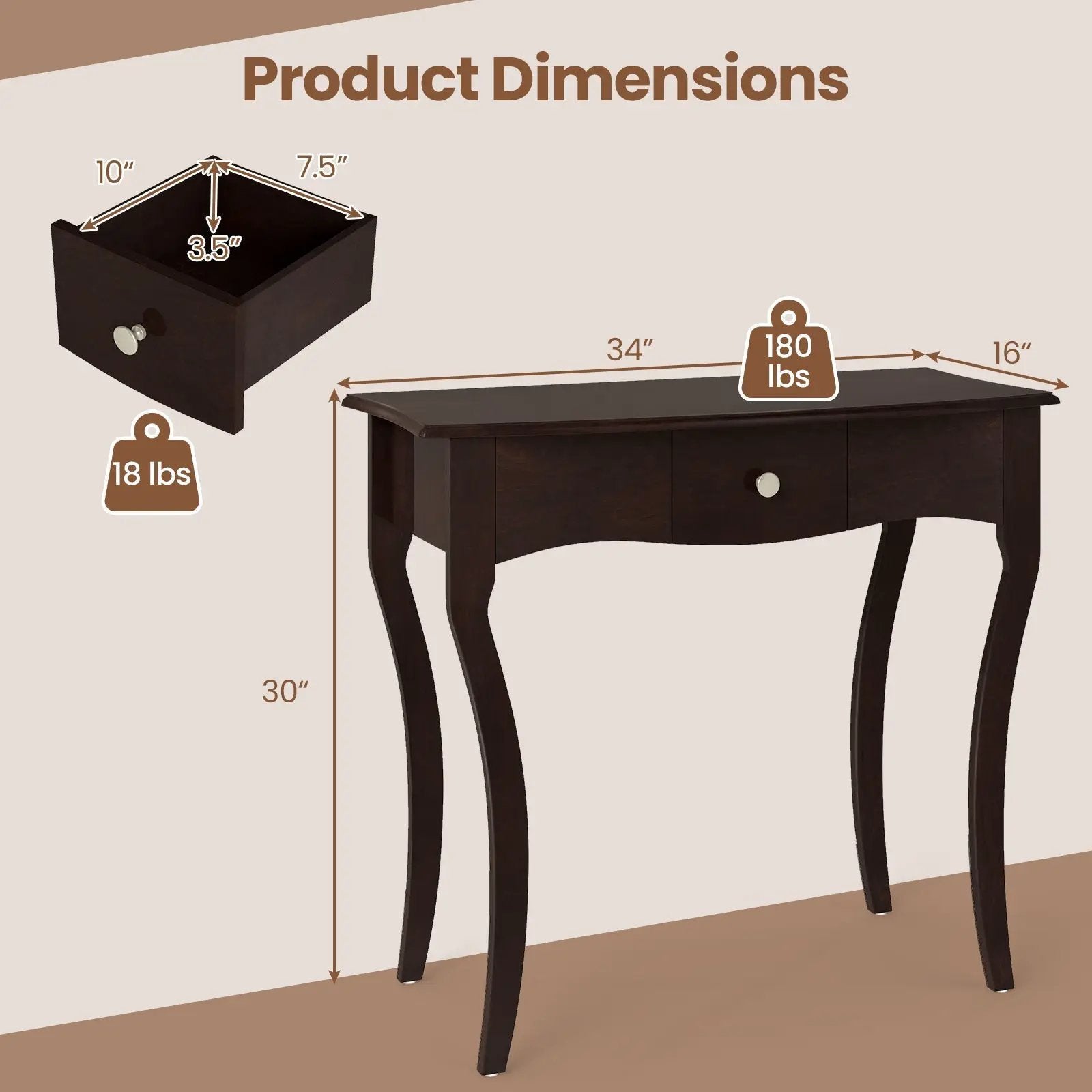 Console Table with Drawer and Solid Wood Frame-Espresso by DirectDeals