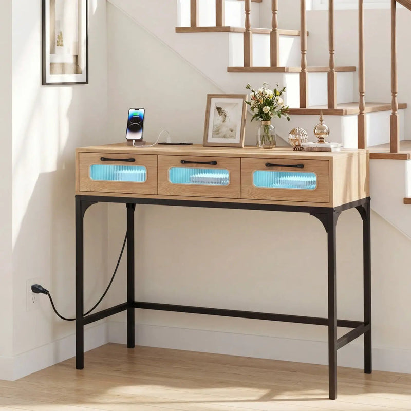 Console Table with LED Lighting and Charging Station for Living Room and Hallway by DirectDeals