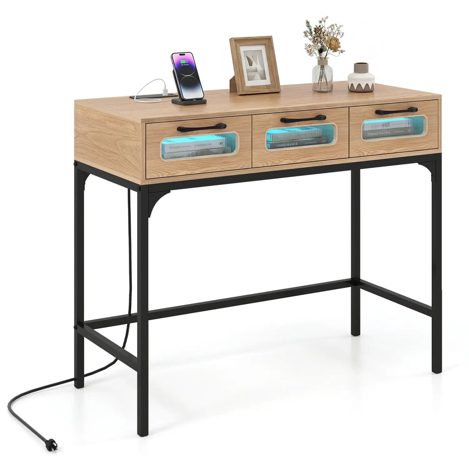 Console Table with LED Lighting and Charging Station for Living Room and Hallway by DirectDeals