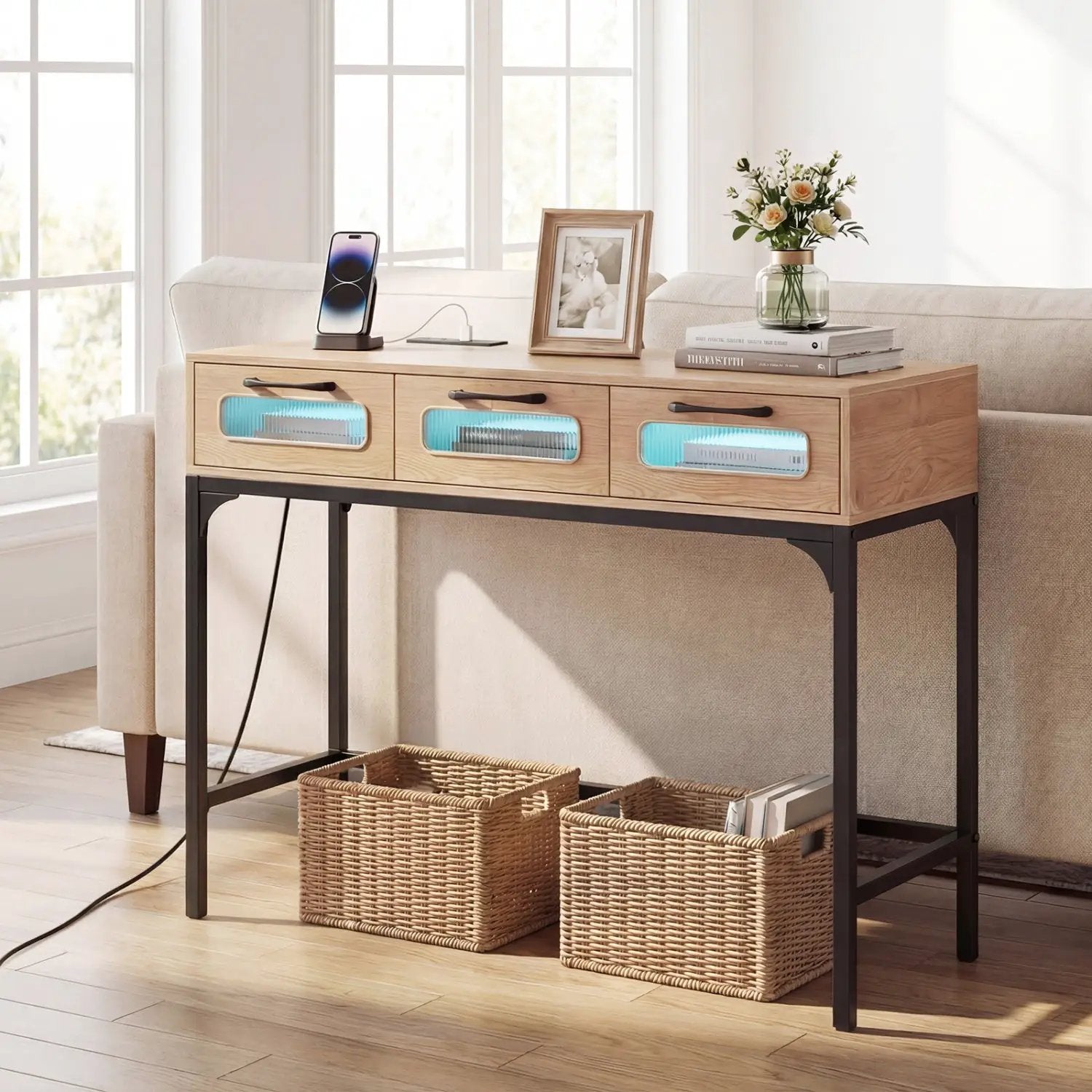 Console Table with LED Lighting and Charging Station for Living Room and Hallway by DirectDeals