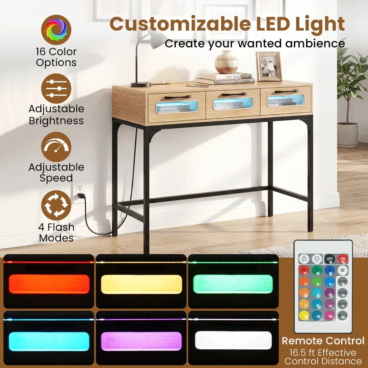 Console Table with LED Lighting and Charging Station for Living Room and Hallway by DirectDeals
