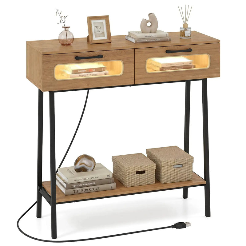 Console Table with LED Lights and Open Shelf - Natural by DirectDeals