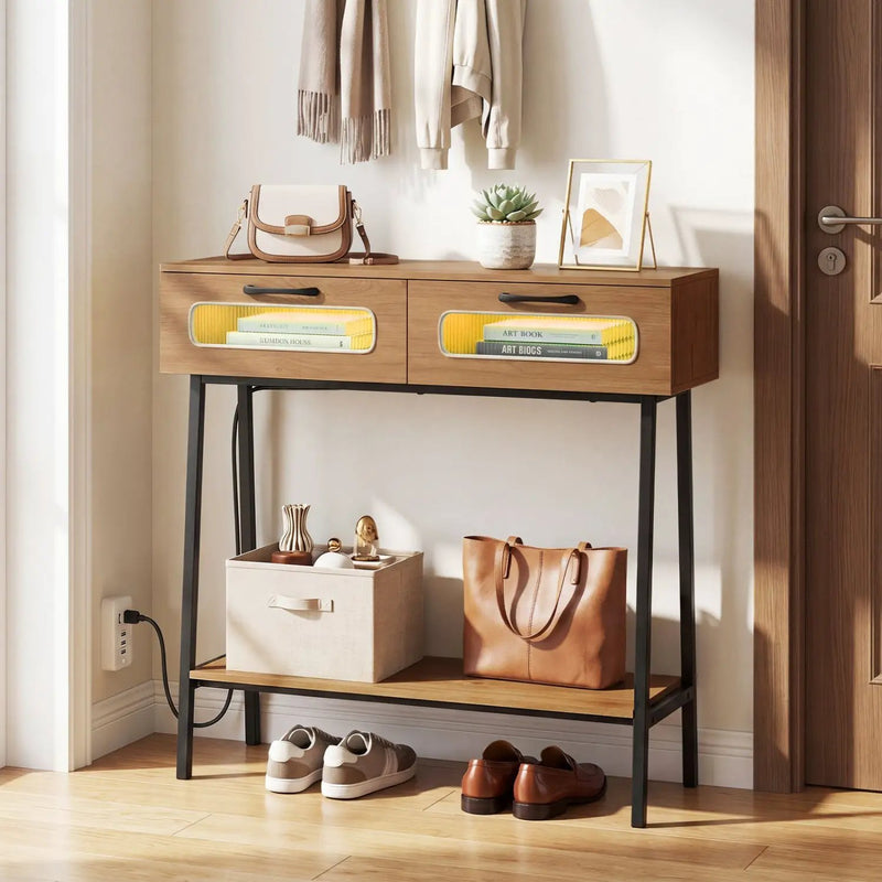 Console Table with LED Lights and Open Shelf - Natural by DirectDeals