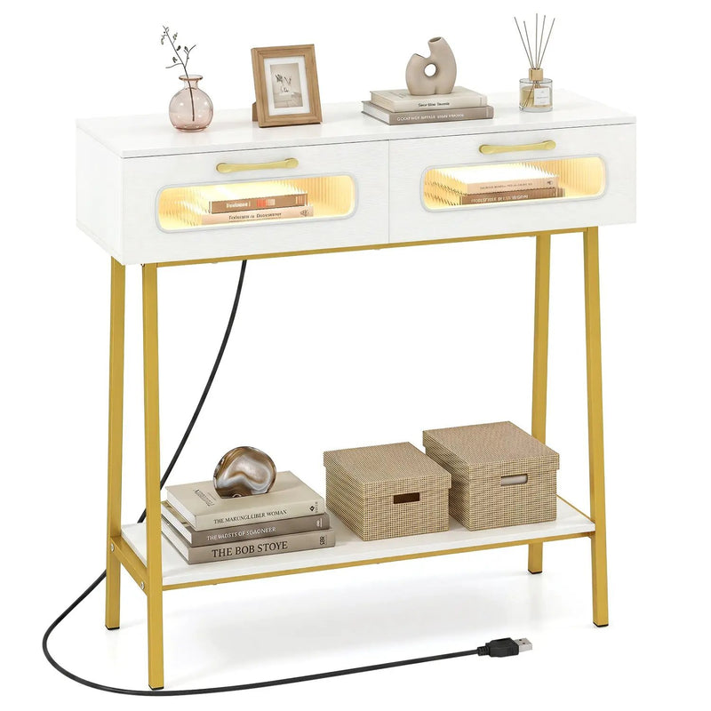 Console Table with LED Lights and Open Shelf - White & Gold by DirectDeals