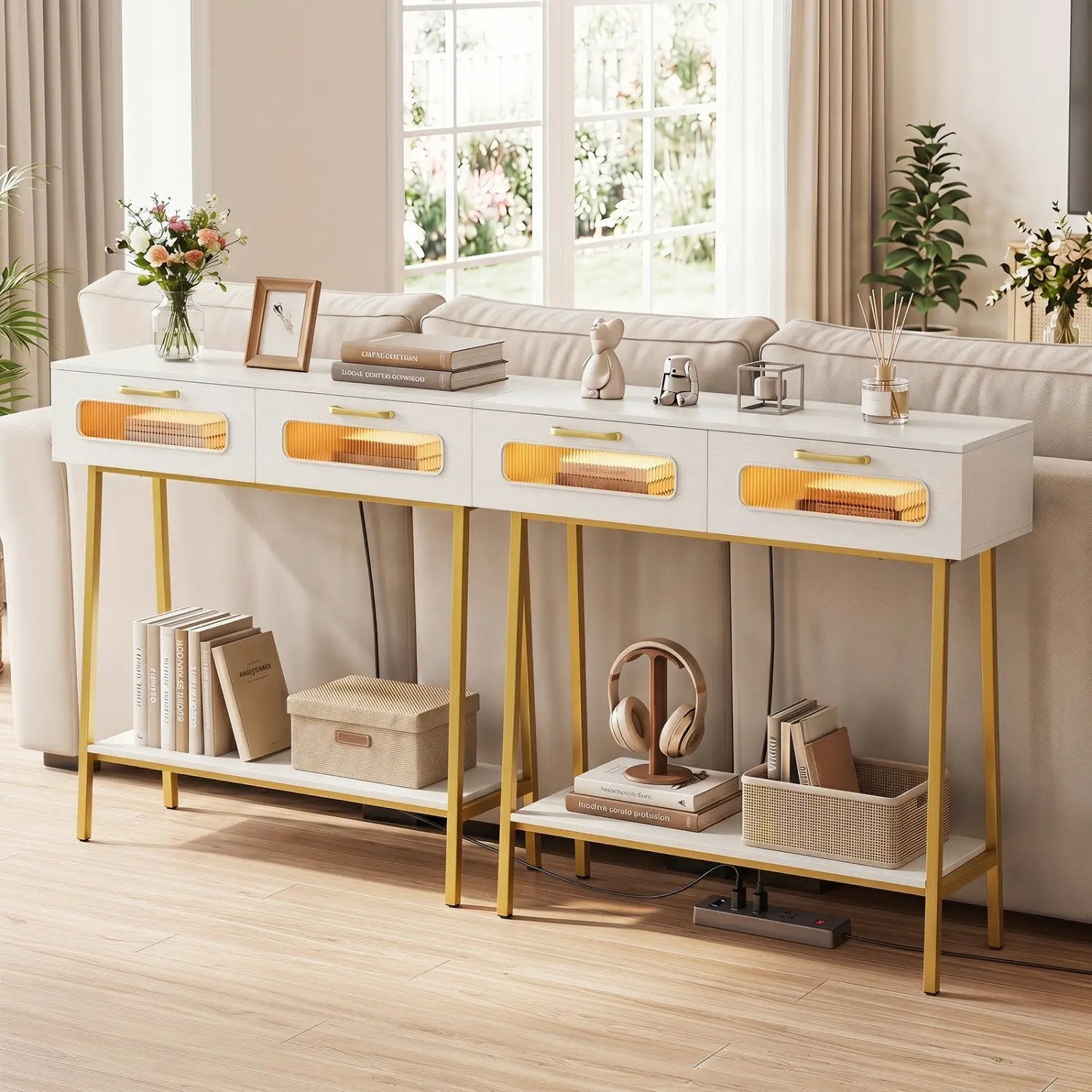 Console Table with LED Lights and Open Shelf - White & Gold by DirectDeals