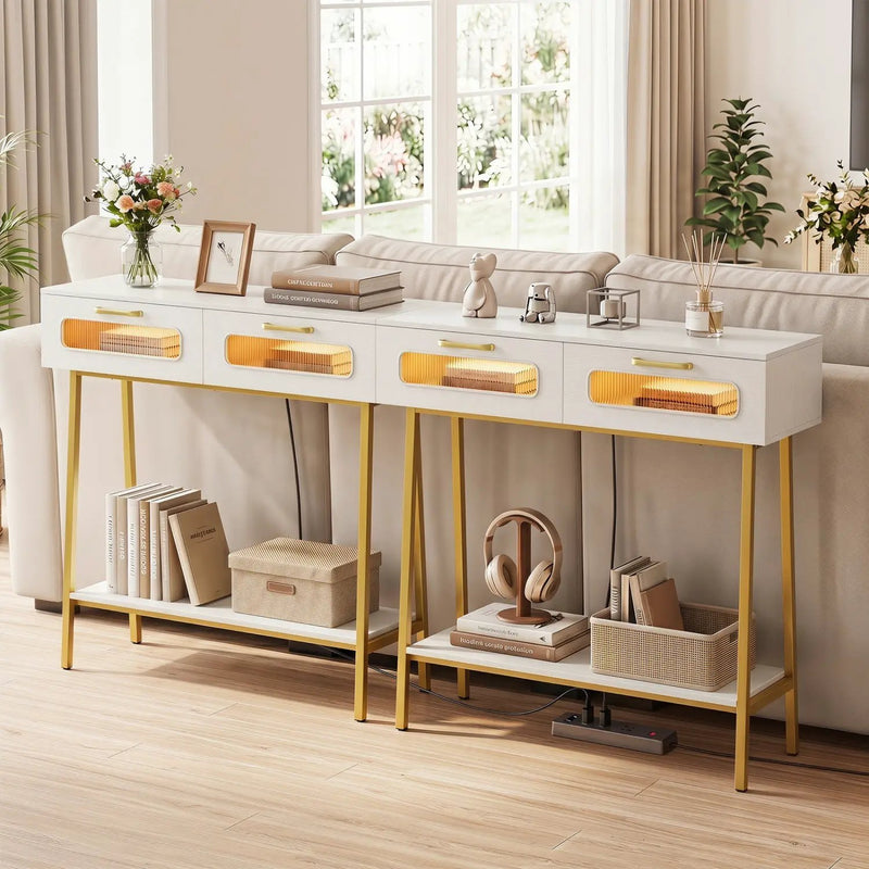 Console Table with LED Lights and Open Shelf - White & Gold by DirectDeals