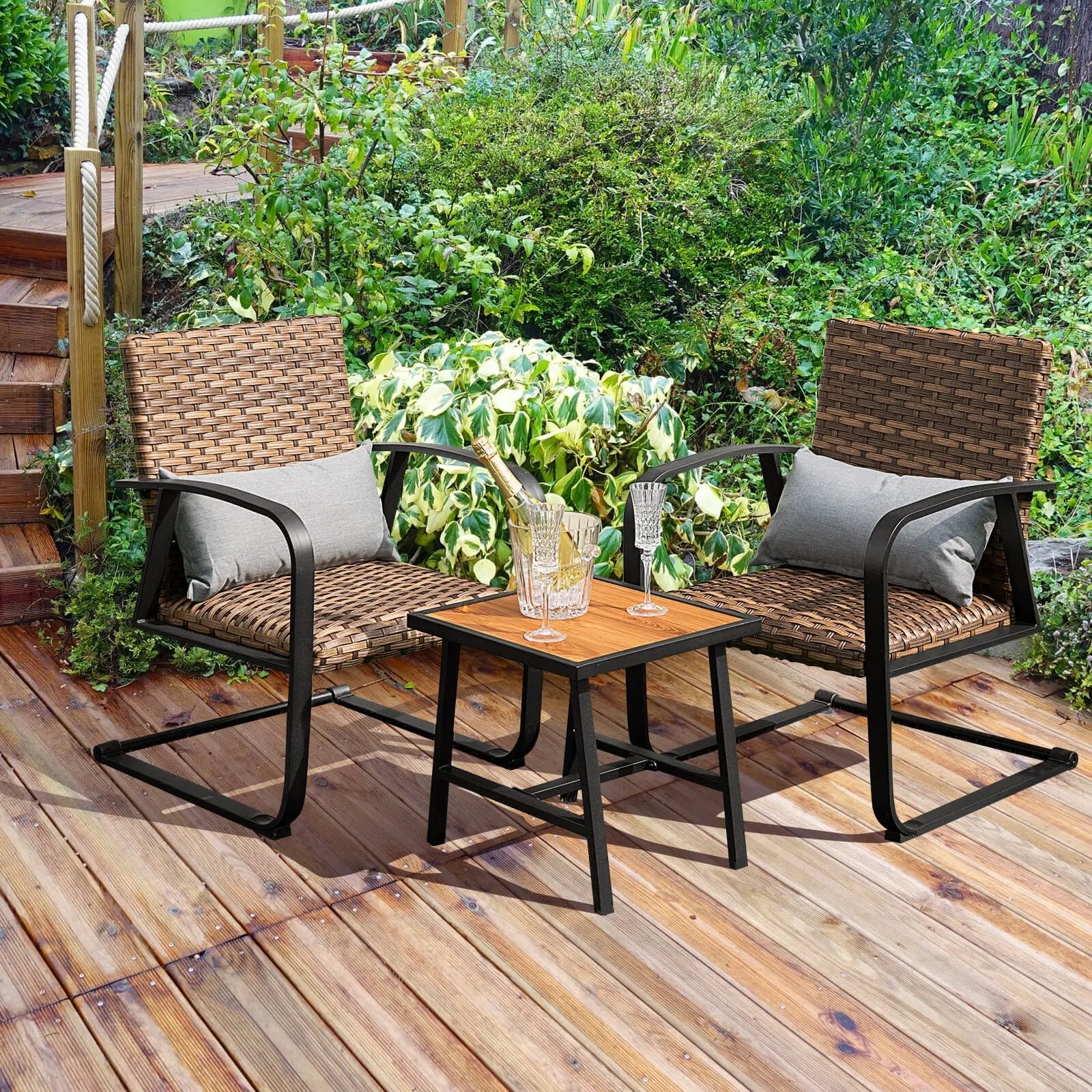 3 Pieces Patio Rattan Conversation Set with Quick Dry Lumbar Pillows by DirectDeals