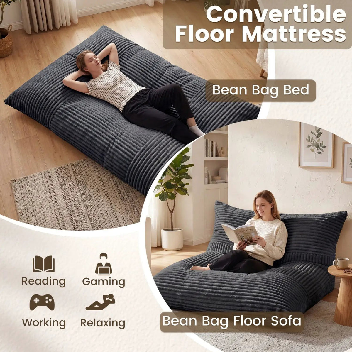 Convertible Bean Bag Floor Sofa with Washable Corduroy Cover, photo 22 of 32