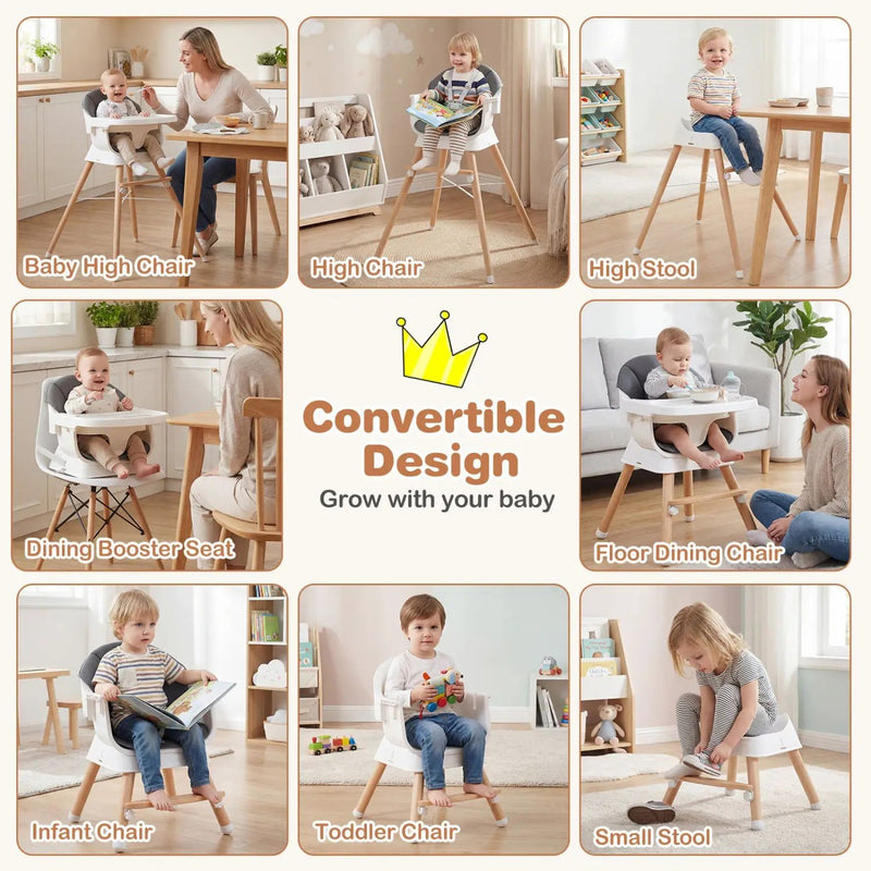Convertible High Chair for Babies and Toddlers Solid Wood Baby Feeding Chair with 3-Position Adjustable Tray by DirectDeals