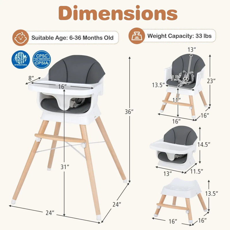 Convertible High Chair for Babies and Toddlers Solid Wood Baby Feeding Chair with 3-Position Adjustable Tray by DirectDeals