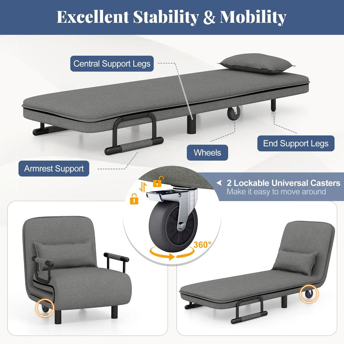 3-in-1 Convertible Sofa Bed with 5-Position Adjustable Backrest and Lumbar Pillow, photo 7 of 11