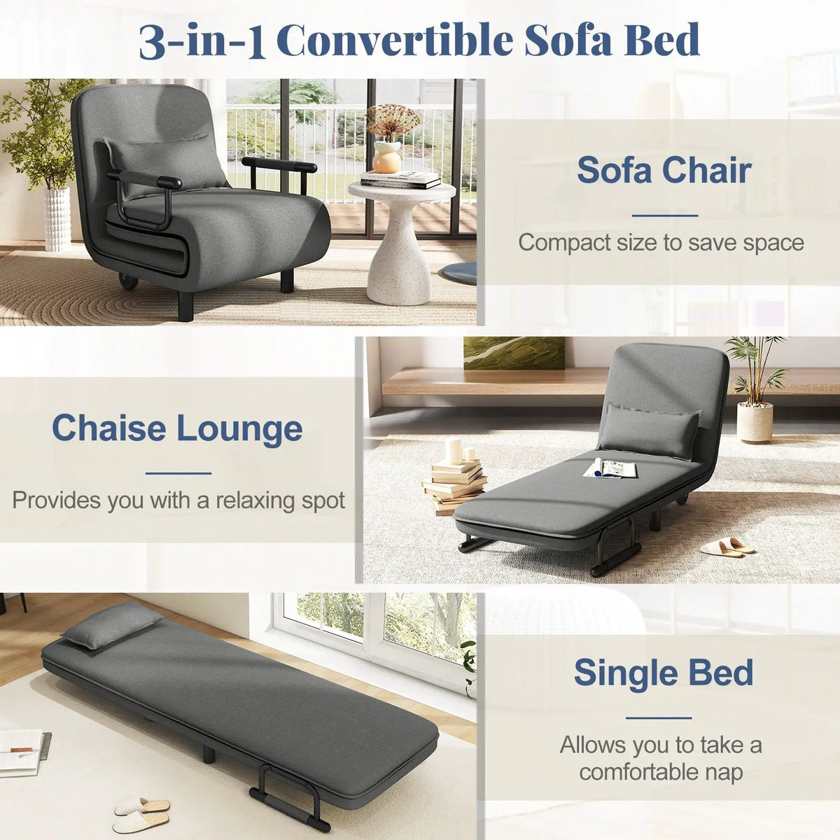 3-in-1 Convertible Sofa Bed with 5-Position Adjustable Backrest and Lumbar Pillow, photo 8 of 11