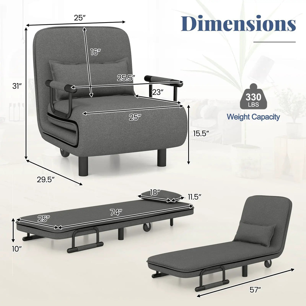 3-in-1 Convertible Sofa Bed with 5-Position Adjustable Backrest and Lumbar Pillow, photo 5 of 11