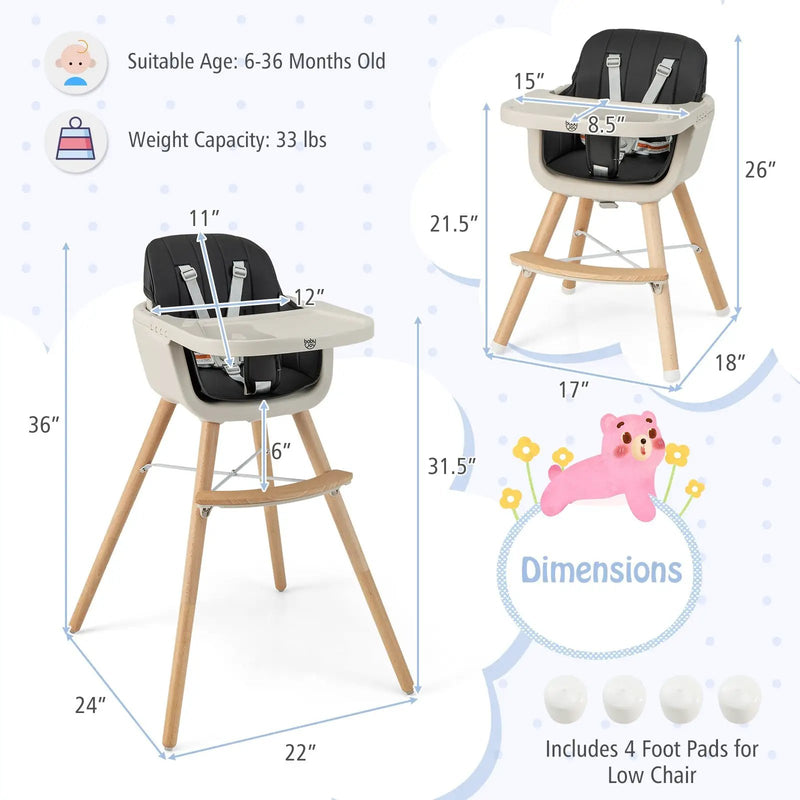 3-in-1 Convertible Wooden High Chair with Cushion by DirectDeals