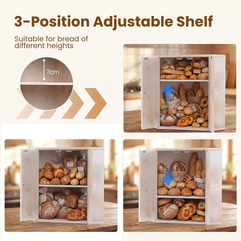 Corner Bread Box for Kitchen Counter Bamboo Double Layer Breadbox Organizer-White by DirectDeals