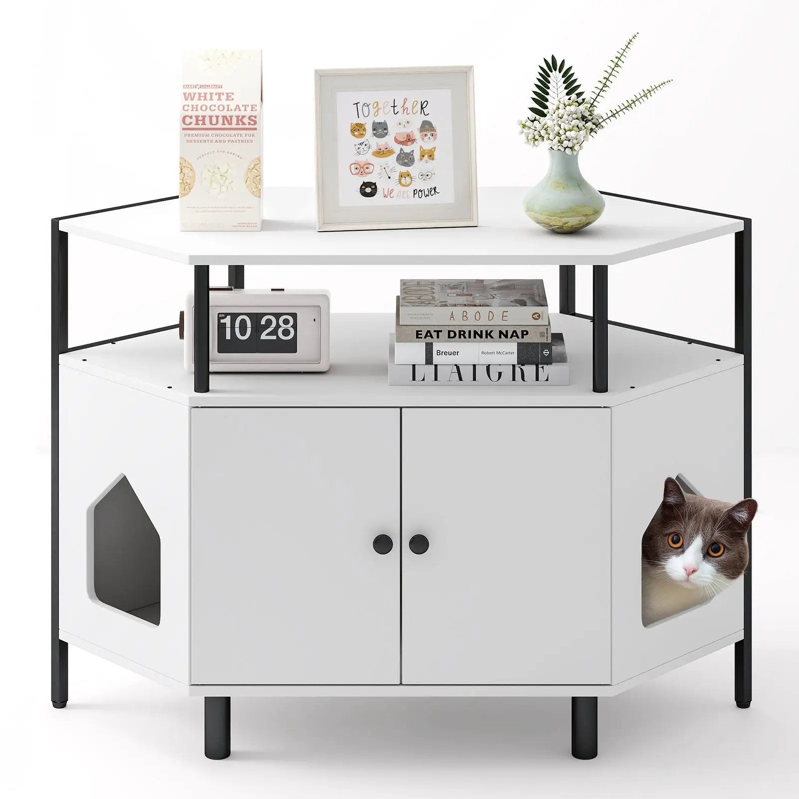 Corner Cat Litter Box Enclosure with Open Shelf 2 Entrances and Metal Legs by DirectDeals
