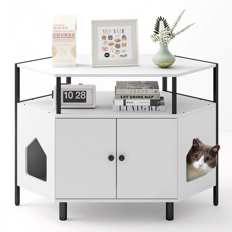 Corner Cat Litter Box Enclosure with Open Shelf 2 Entrances and Metal Legs by DirectDeals