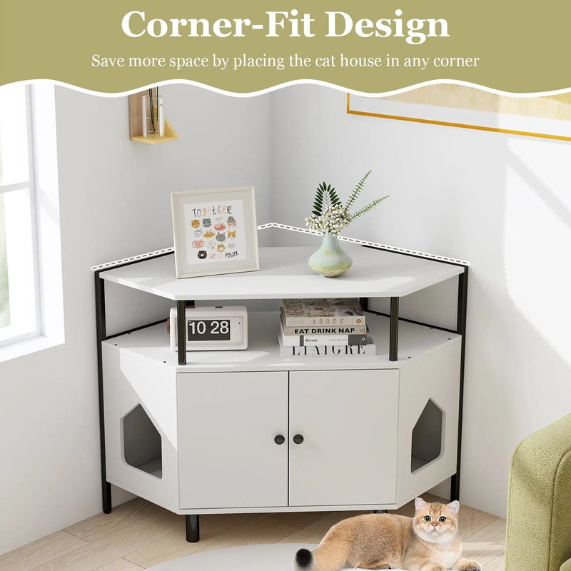 Corner Cat Litter Box Enclosure with Open Shelf 2 Entrances and Metal Legs by DirectDeals