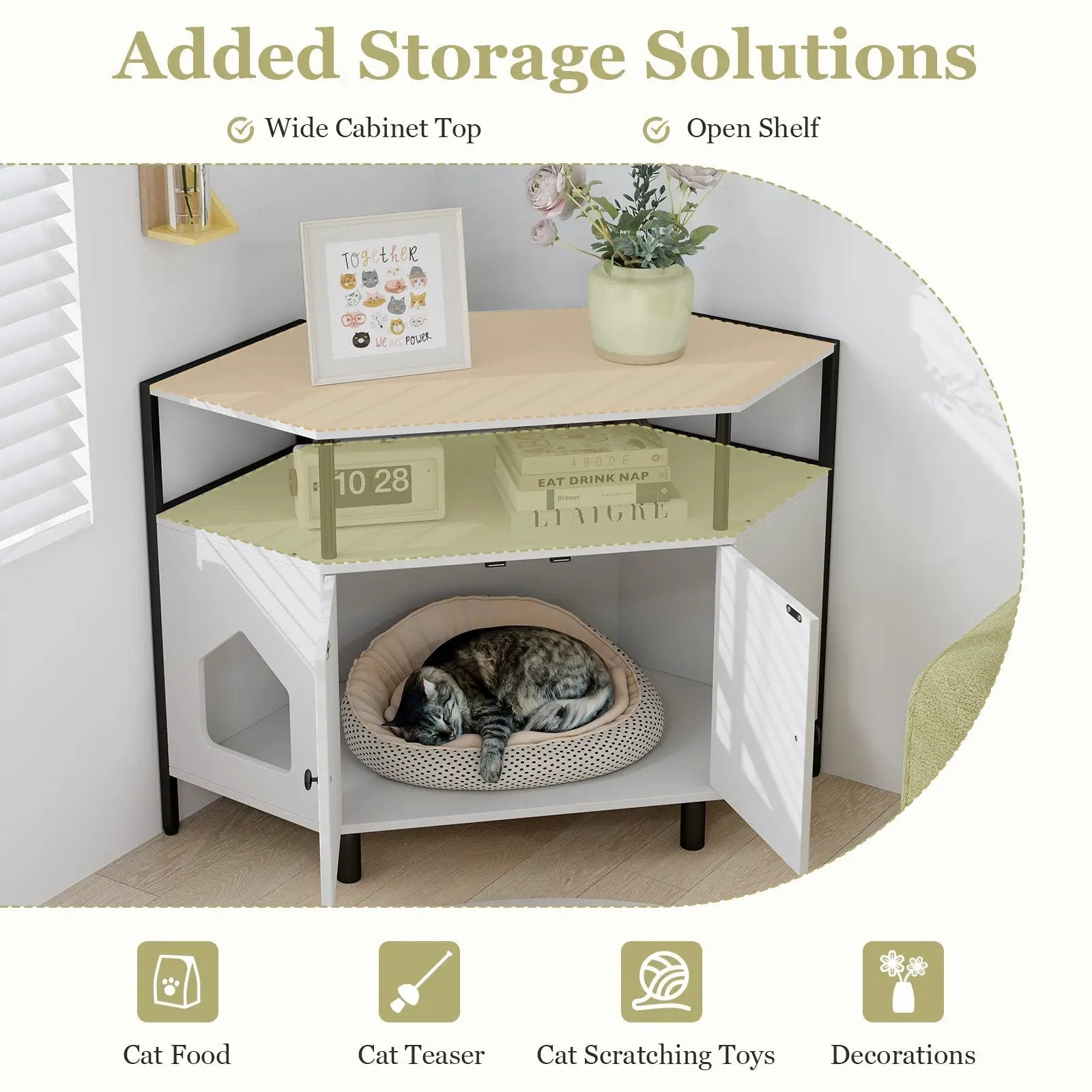 Corner Cat Litter Box Enclosure with Open Shelf 2 Entrances and Metal Legs by DirectDeals