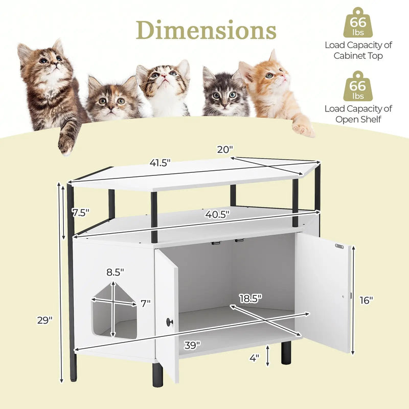 Corner Cat Litter Box Enclosure with Open Shelf 2 Entrances and Metal Legs by DirectDeals