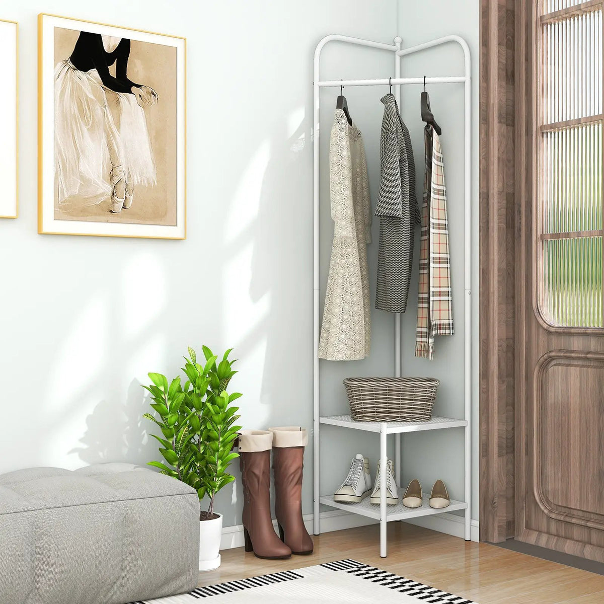 Corner Coat Rack with Top Hanger and 2 Mesh Shelves for Entryway Hallway Living Room Bedroom, photo 3 of 24
