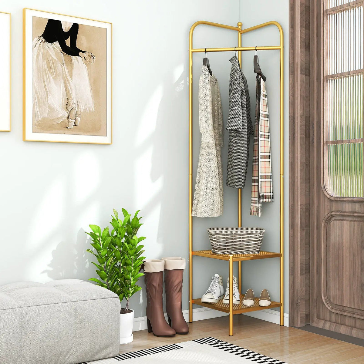 Corner Coat Rack with Top Hanger and 2 Mesh Shelves for Entryway Hallway Living Room Bedroom, photo 2 of 24
