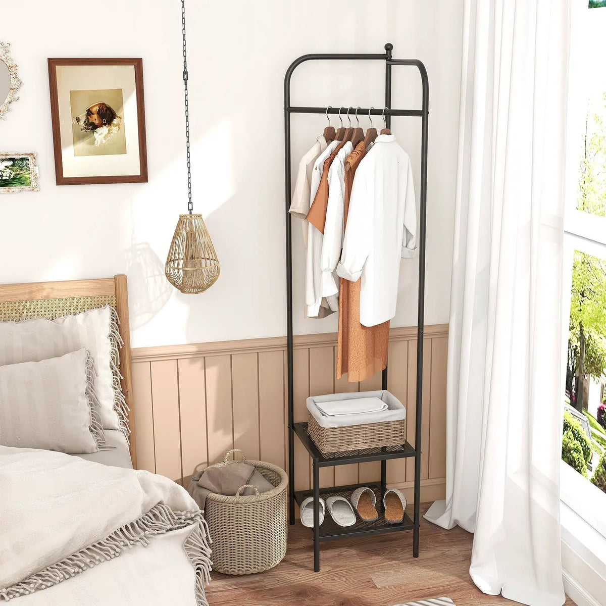 Corner Coat Rack with Top Hanger and 2 Mesh Shelves for Entryway Hallway Living Room Bedroom, photo 4 of 24