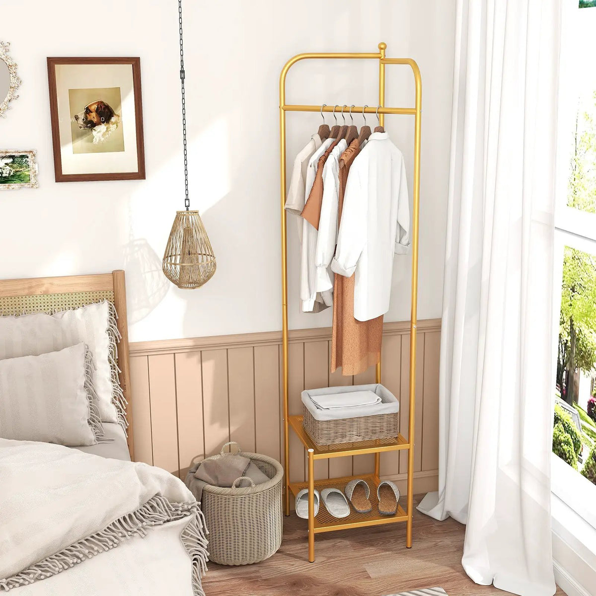 Corner Coat Rack with Top Hanger and 2 Mesh Shelves for Entryway Hallway Living Room Bedroom, photo 6 of 24