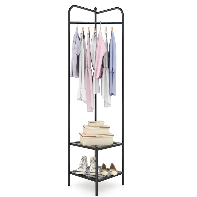 Corner Coat Rack with Top Hanger and 2 Mesh Shelves for Entryway Hallway Living Room Bedroom by DirectDeals