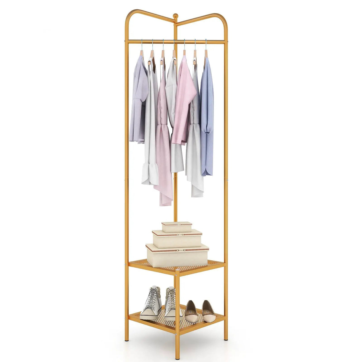 Corner Coat Rack with Top Hanger and 2 Mesh Shelves for Entryway Hallway Living Room Bedroom, photo 12 of 24