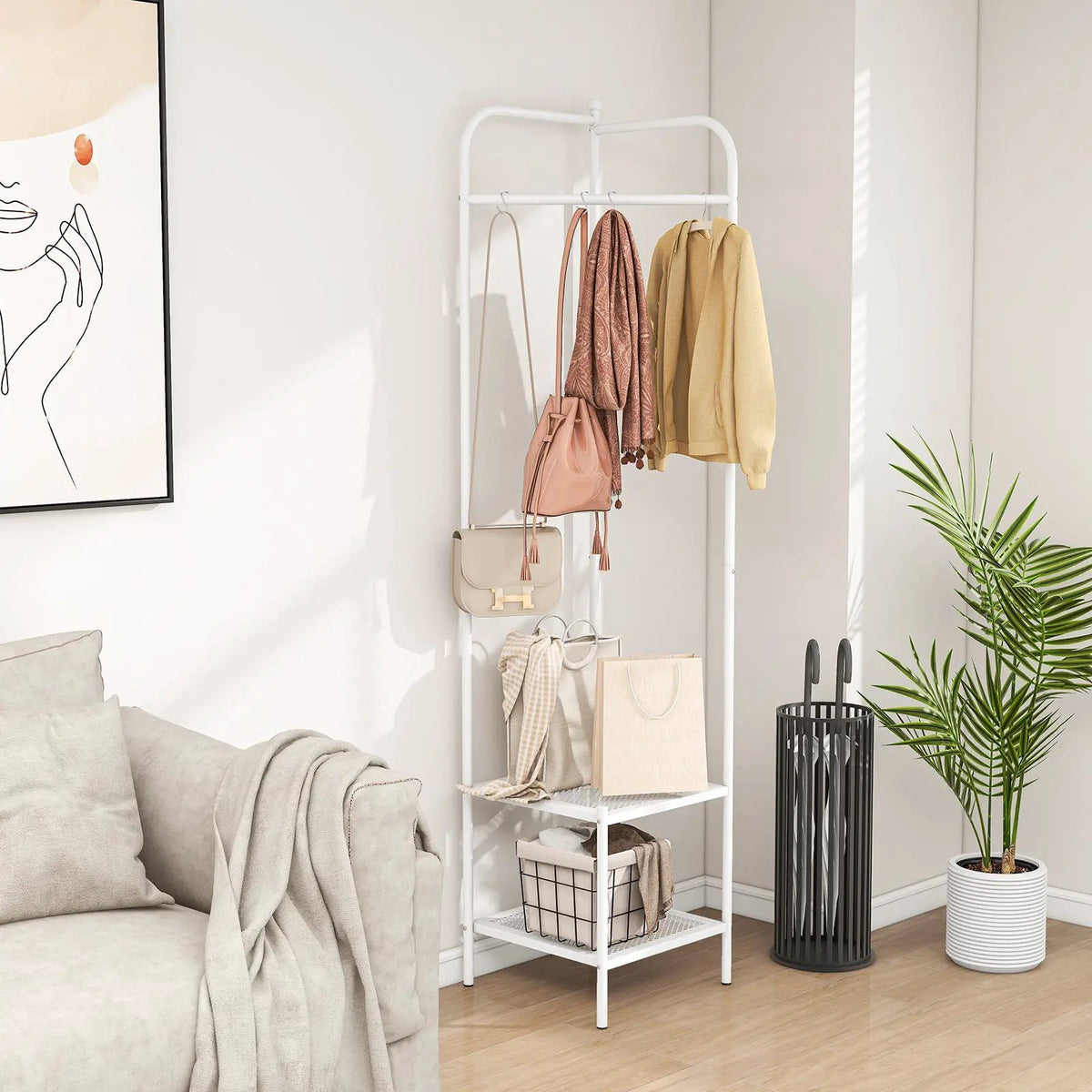 Corner Coat Rack with Top Hanger and 2 Mesh Shelves for Entryway Hallway Living Room Bedroom, photo 18 of 24