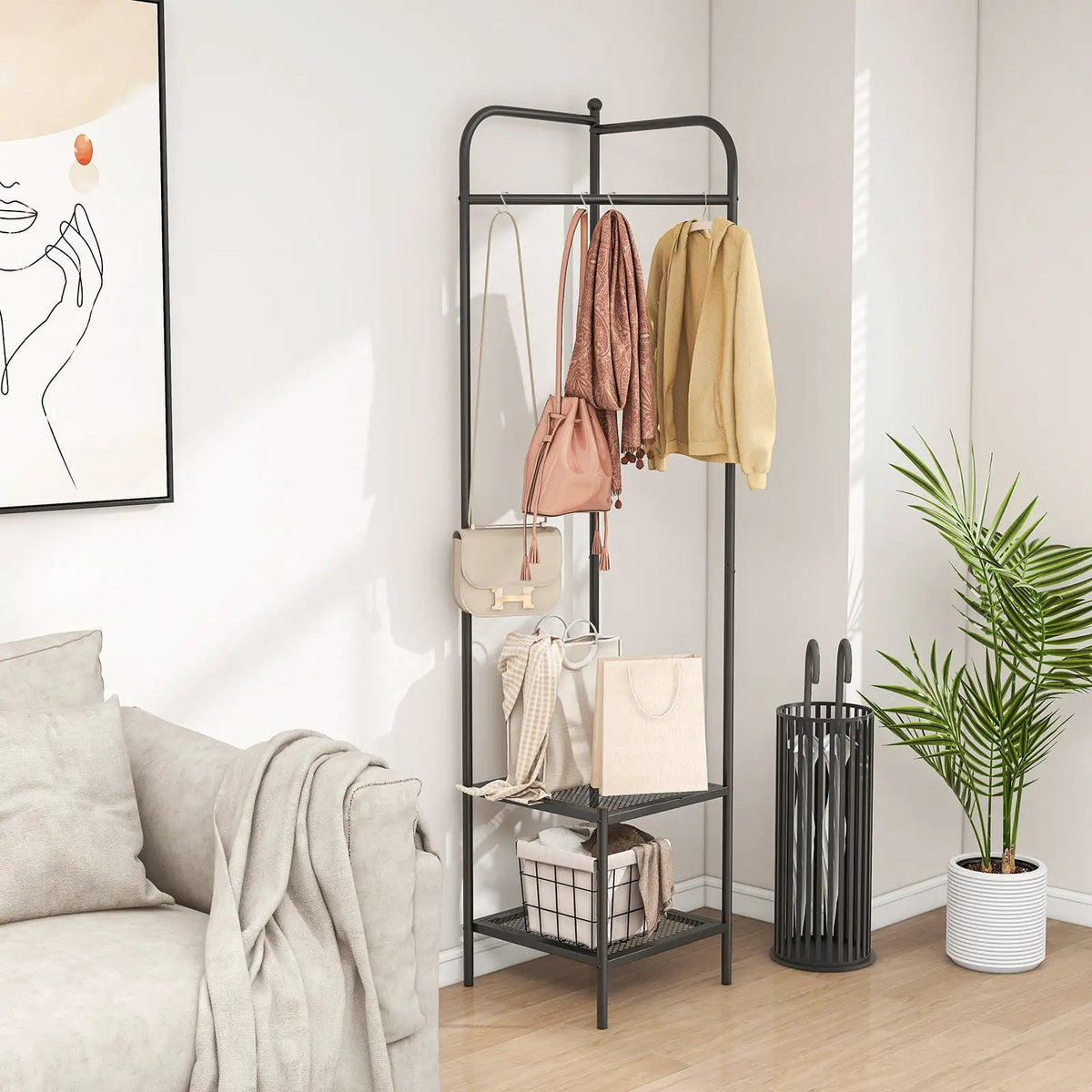 Corner Coat Rack with Top Hanger and 2 Mesh Shelves for Entryway Hallway Living Room Bedroom, photo 17 of 24