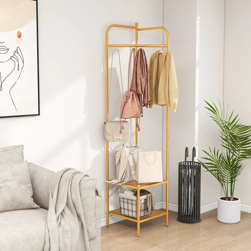 Corner Coat Rack with Top Hanger and 2 Mesh Shelves for Entryway Hallway Living Room Bedroom by DirectDeals