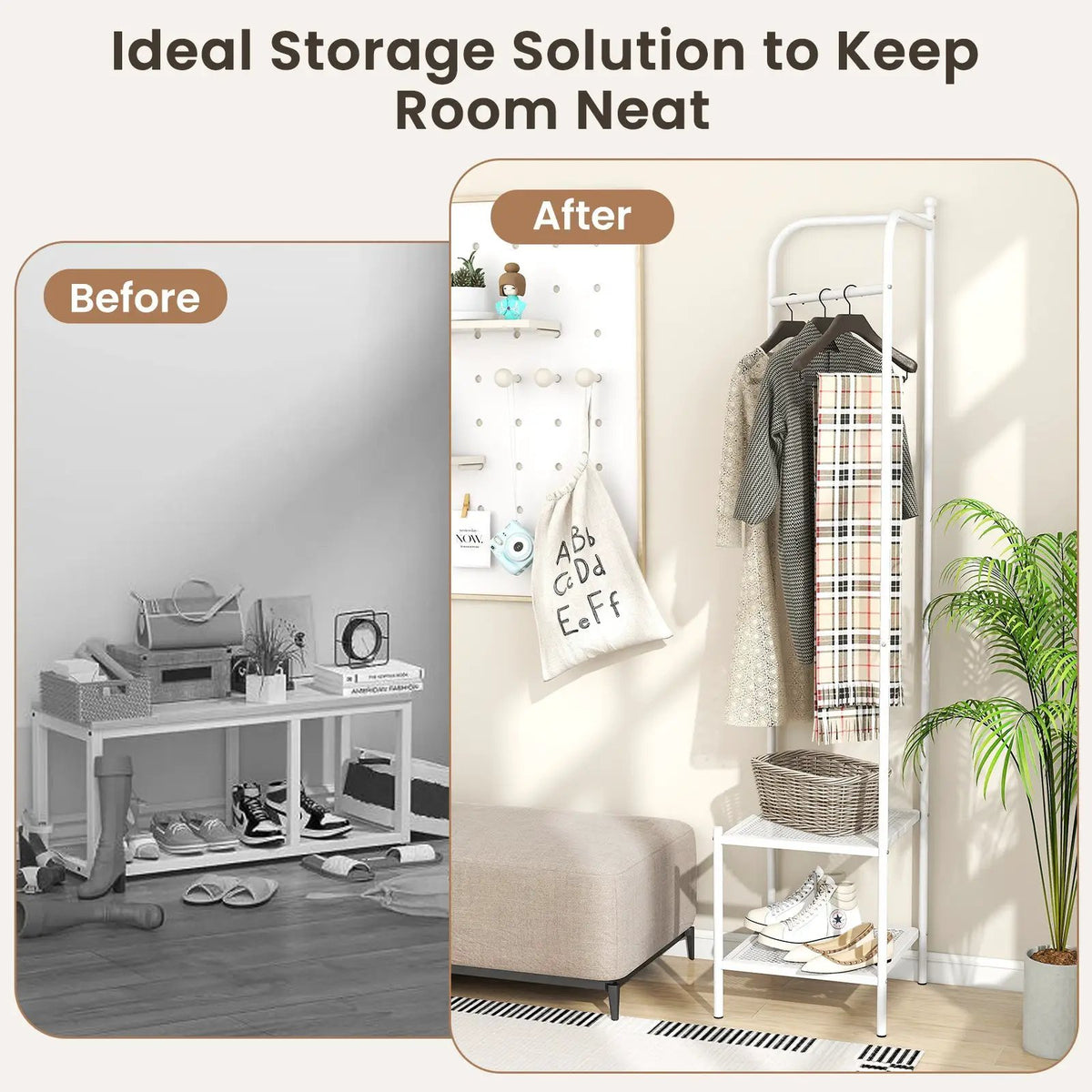 Corner Coat Rack with Top Hanger and 2 Mesh Shelves for Entryway Hallway Living Room Bedroom, photo 21 of 24