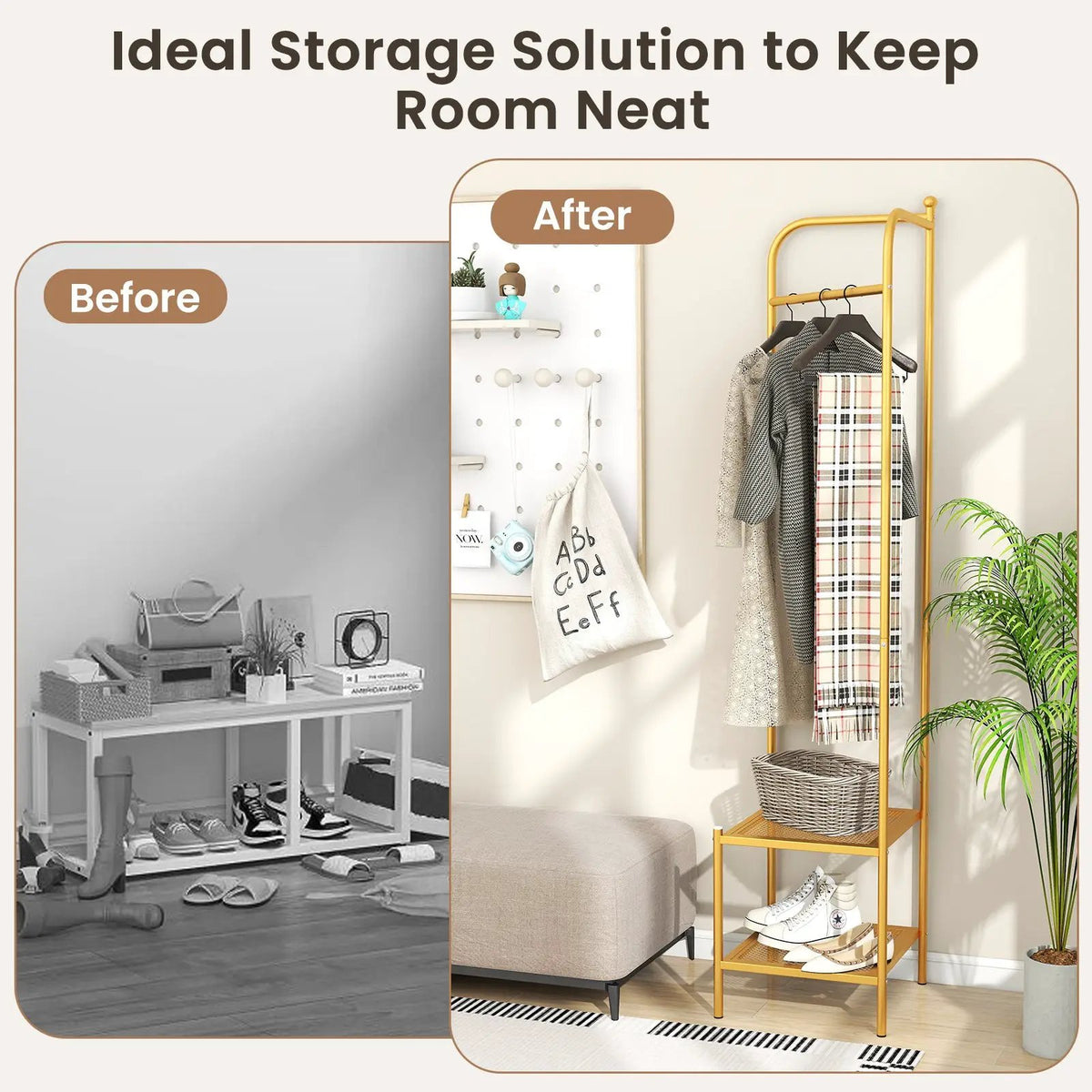 Corner Coat Rack with Top Hanger and 2 Mesh Shelves for Entryway Hallway Living Room Bedroom, photo 19 of 24